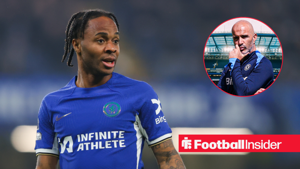 Raheem Sterling in a Chelsea kit, Enzo Maresca in a circular inset