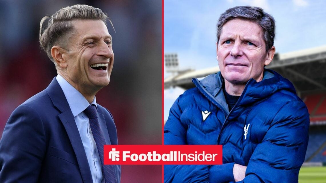 Steve Parish smiling and Oliver Glasner with his arms crossed at Selhurst Park