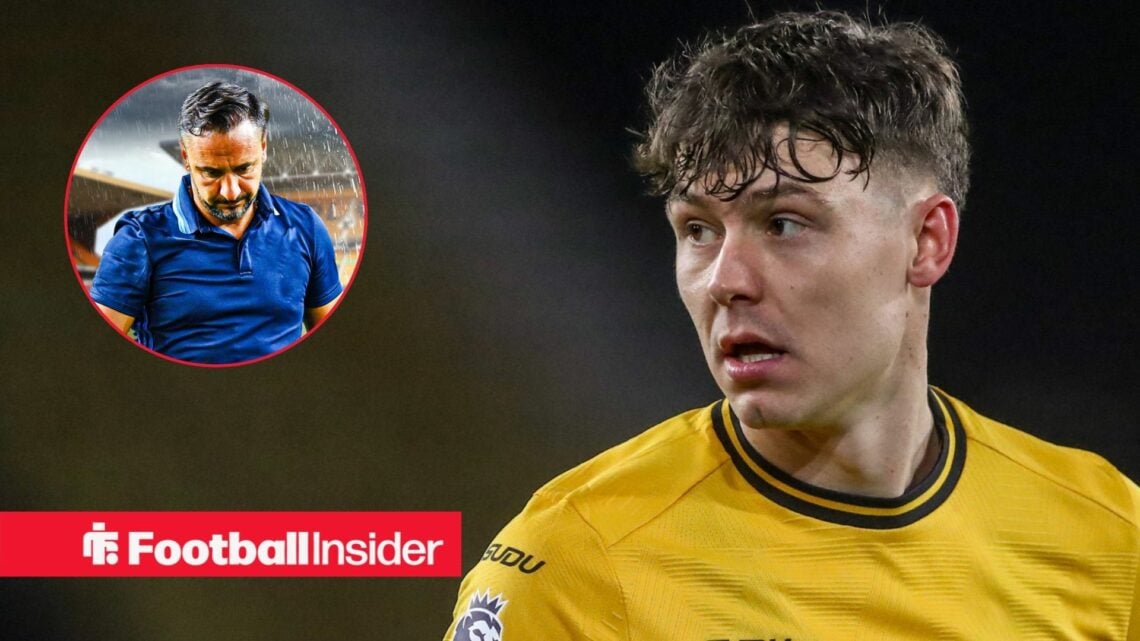 Jorgen Strand Larsen looking at a circular inset of Vitor Pereira