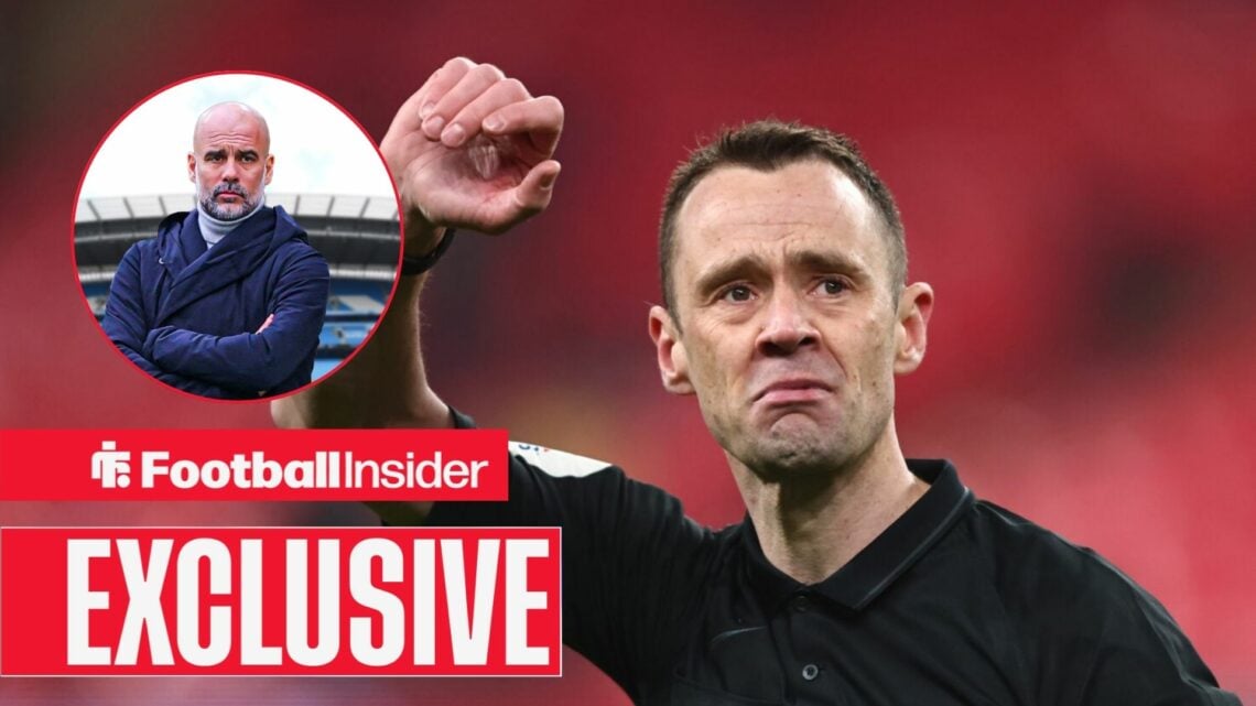 Man City boss Pep Guardiola in a circular frame next to Stuart Attwell