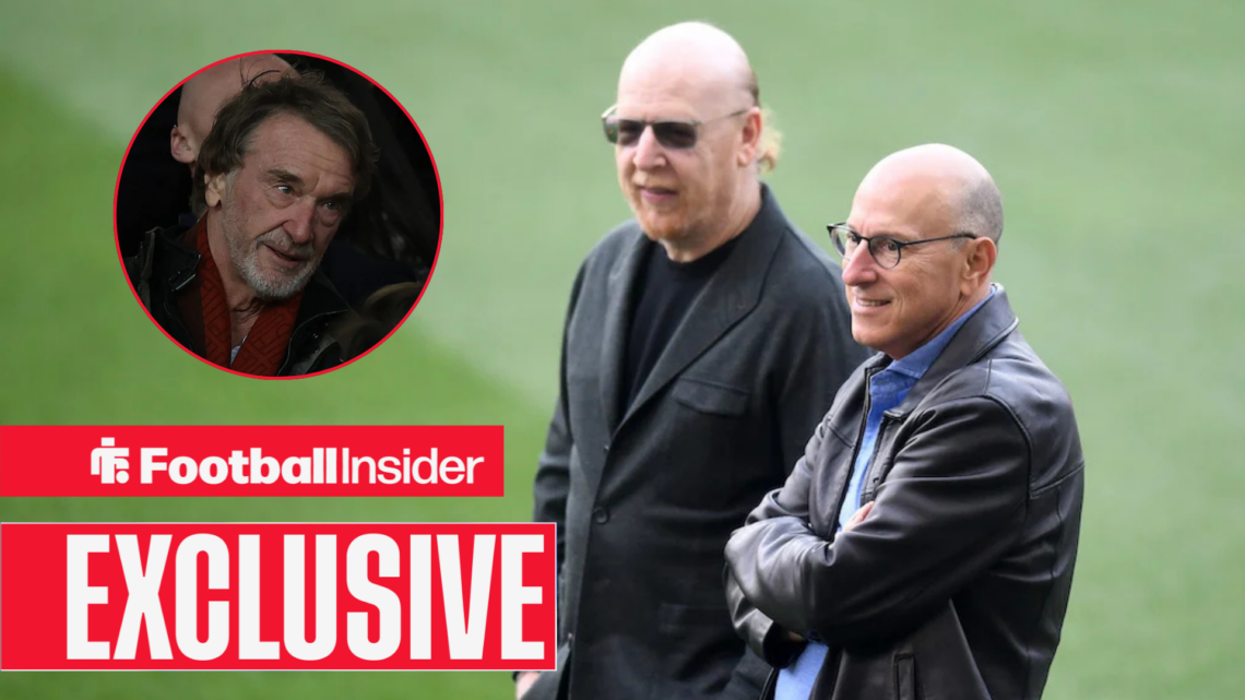 The Glazers on the Old Trafford pitch with Sir Jim Ratcliffe included in a circular inset