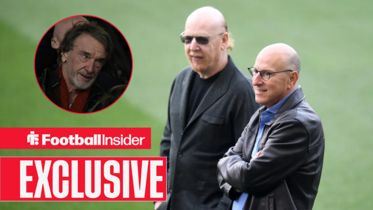 The Glazers on the Old Trafford pitch with Sir Jim Ratcliffe included in a circular inset