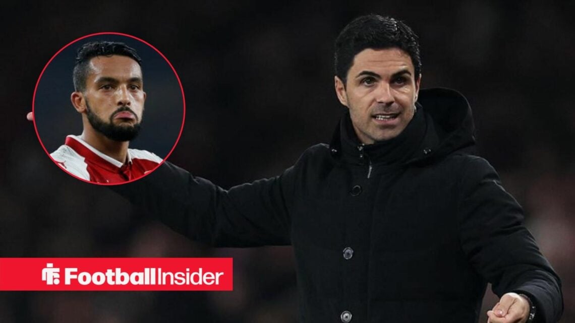 Theo Walcott in a circular frame alongside Arsenal boss Mikel Arteta on the touchline