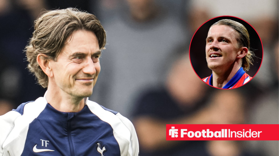 Tottenham manager Thomas Frank alongside a circular inset of Conor Gallagher