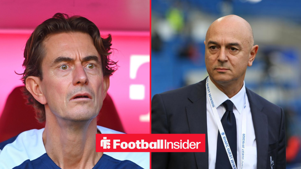 Spurs manager Thomas Frank alongside former executive chairman Daniel Levy