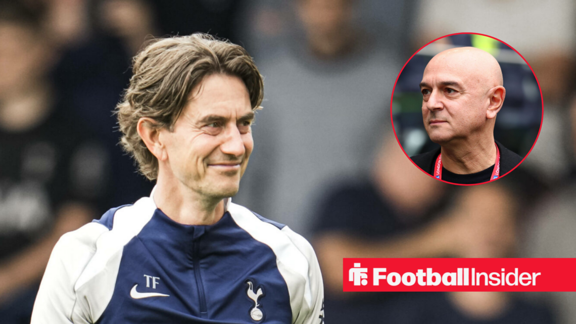 Tottenham boss Thomas Frank alongside an image of former chairman Daniel Levy