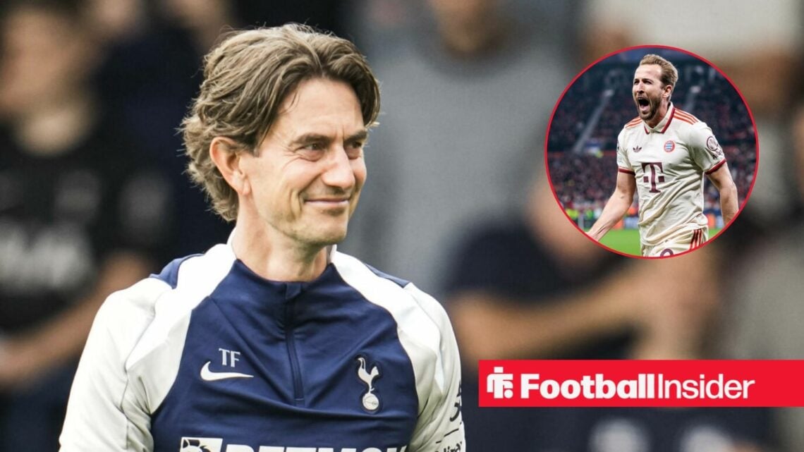 Spurs boss Thomas Frank alongside an image of Harry Kane in a Bayern shirt in a circular frame