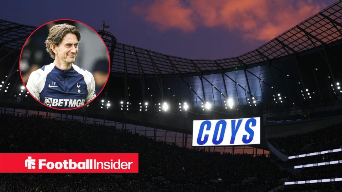 An image of Thomas Frank in a circular frame alongside an image of the Tottenham Hotspur Stadium