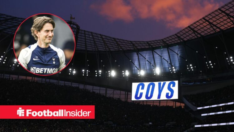 An image of Thomas Frank in a circular frame alongside an image of the Tottenham Hotspur Stadium