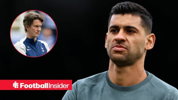 Thomas Frank inset with Tottenham defender Cristian Romero in training kit