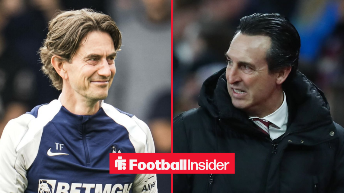 Tottenham boss Thomas Frank smiling, with Aston Villa's Unai Emery grimacing