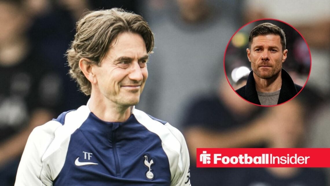 Thomas Frank on the sidelines for Tottenham, with Xabi Alonso in a circular inset