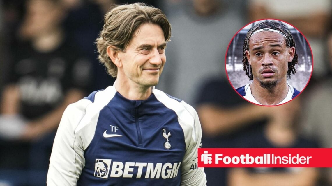 Spurs manager Thomas Frank alongside a circular inset of Xavi Simons