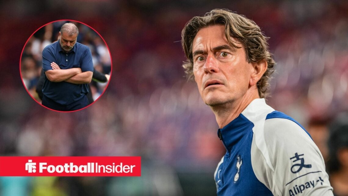 Thomas Frank staring and Ange Postecoglou in inset