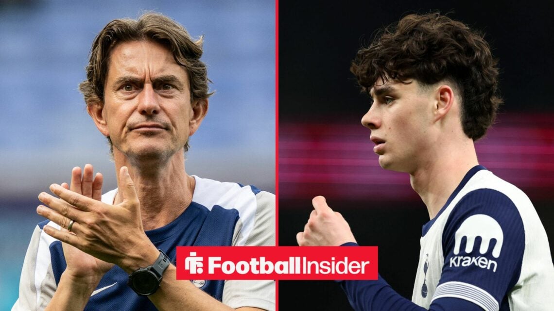 Thomas Frank clapping his hands with a serious face on the left looking away from a desperate Archie Gray on the right