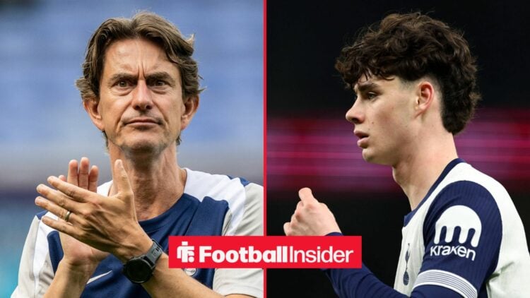 Thomas Frank clapping his hands with a serious face on the left looking away from a desperate Archie Gray on the right