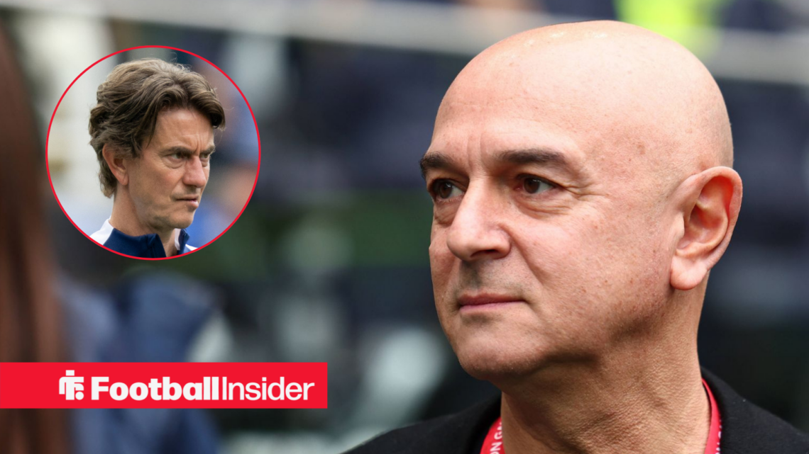 Thomas Frank on the left looking concerned with Daniel Levy looking serious on the right