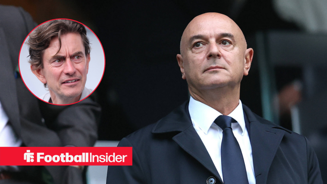 Thomas Frank looking surprised with daniel levy looking imperious