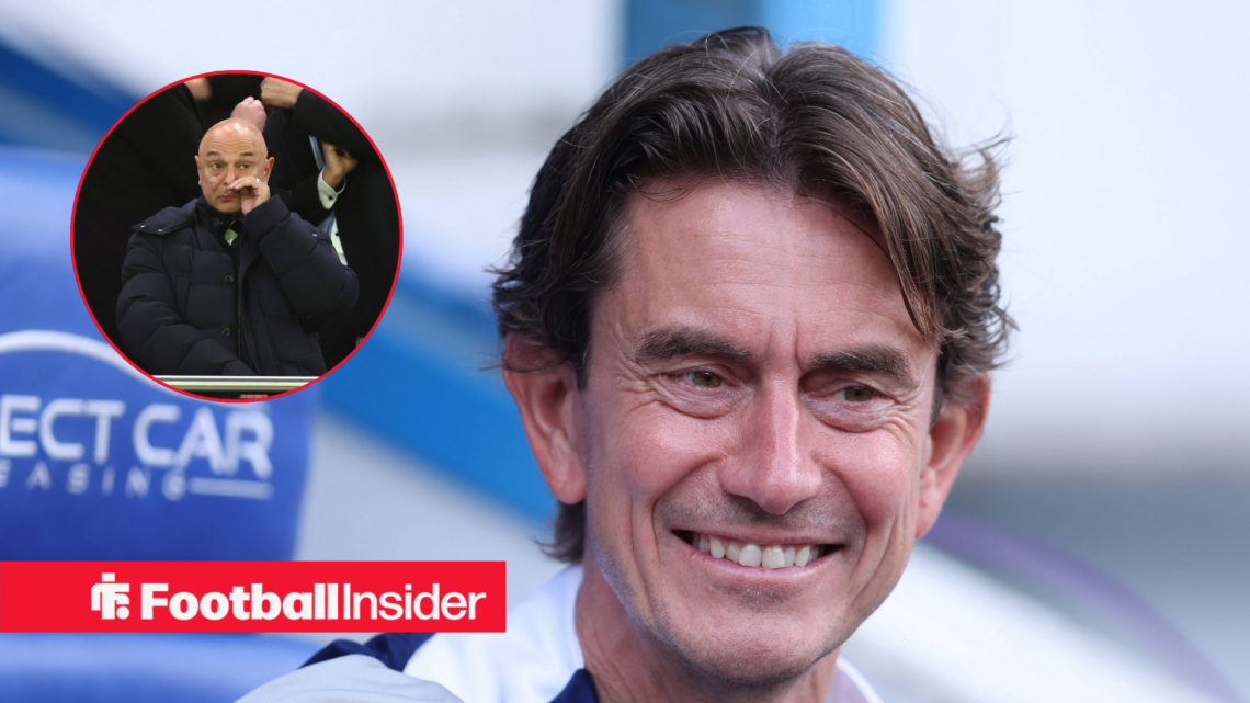 Thomas Frank in a blue Tottenham tracksuit and Daniel Levy in a black coat in a red circle