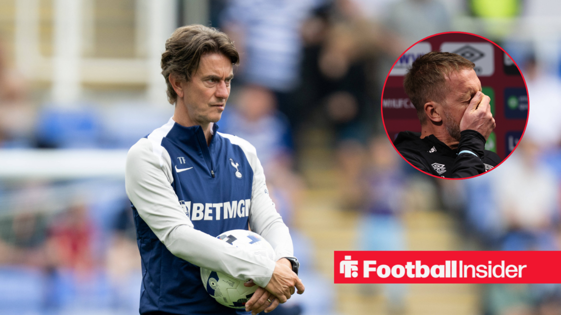 Thomas Frank in a blue Tottenham tracksuit and Graham Potter in a black West Ham tracksuit in a red circle