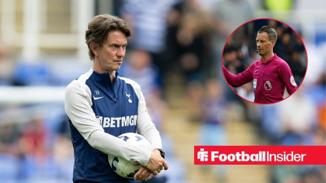 Thomas Frank looking in a blue Tottenham tracksuit and Mark Clattenburg in inset