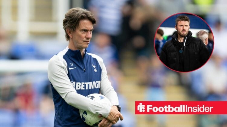 Thomas Frank thinking in a blue Tottenham tracksuit and Michael Carrick in inset