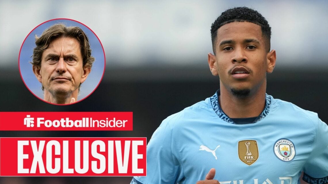 Thomas Frank looking serious on the left above an EXCLUSIVE banner with Savinho looking focused on the right for Man City