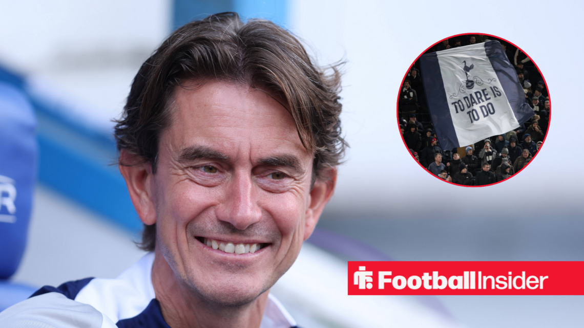 Thomas Frank smiling in a blue tracksuit and Tottenham fans in inset