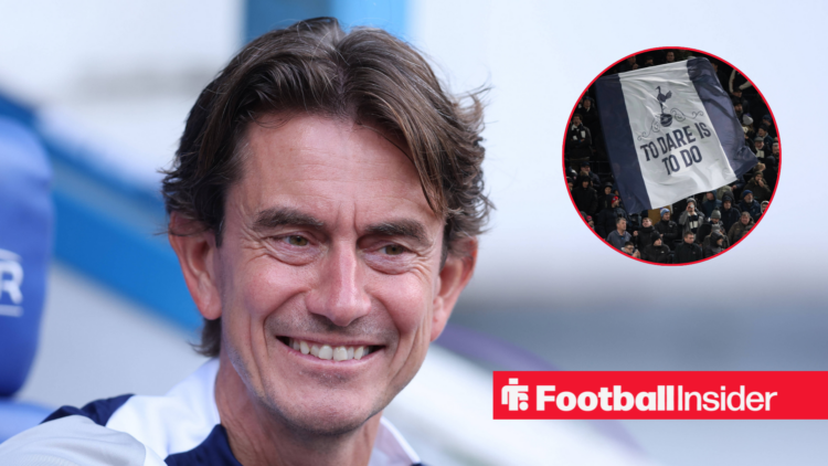 Thomas Frank smiling in a blue tracksuit and Tottenham fans in inset