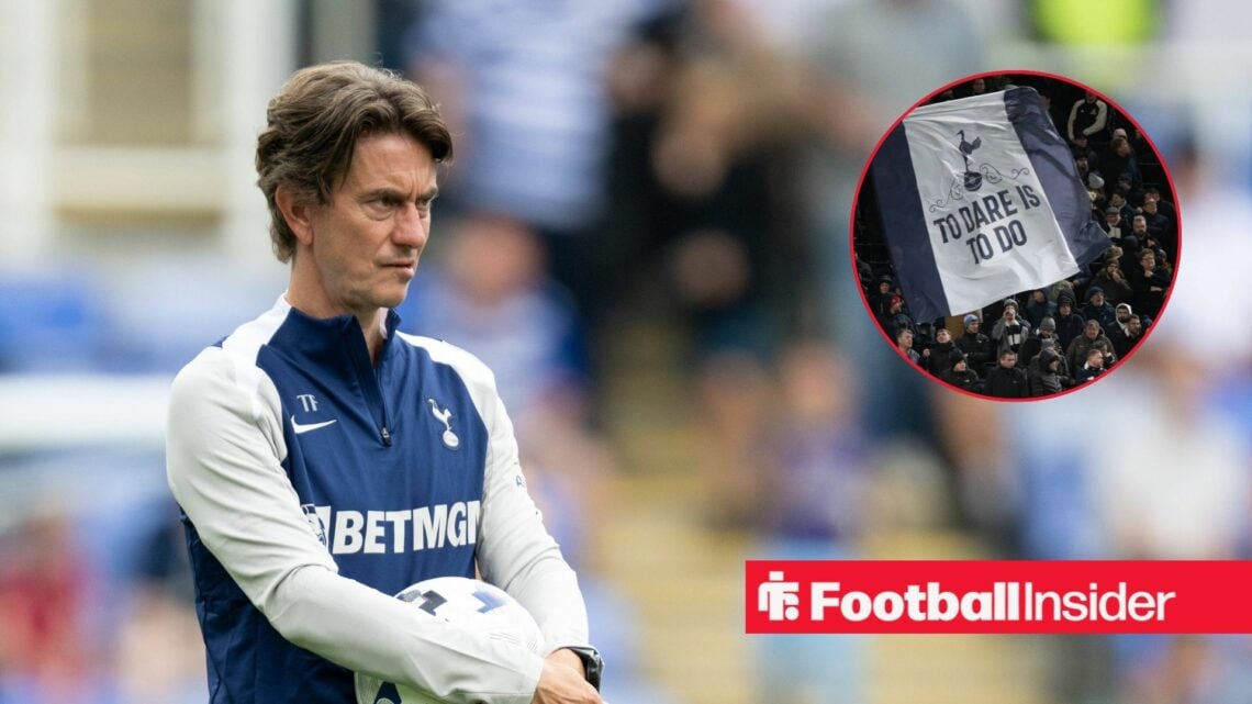 Thomas Frank looking stern and Tottenham fans in inset