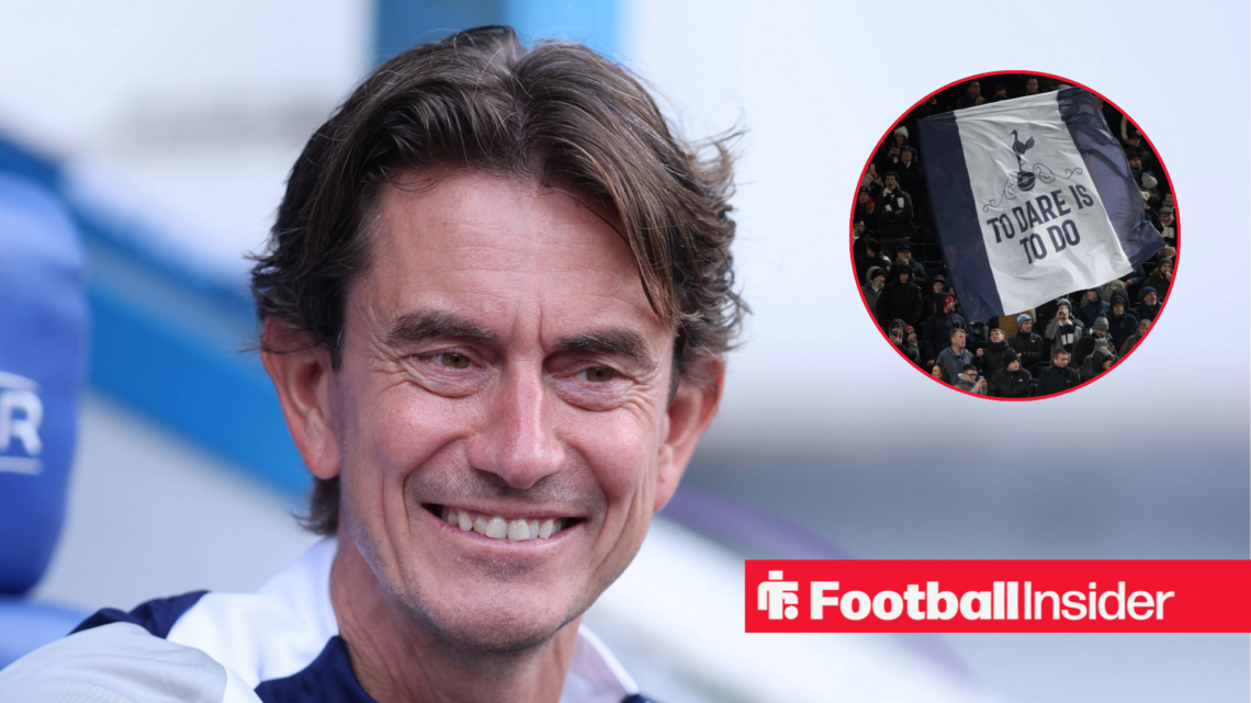 Thomas Frank in a blue and white Tottenham tracksuit and Tottenham fans in a red circle