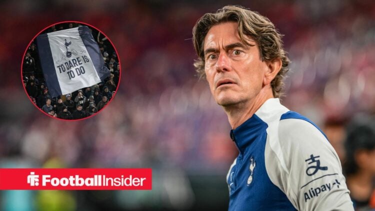 Thomas Frank starring in a blue tracksuit and Tottenham fans in inset