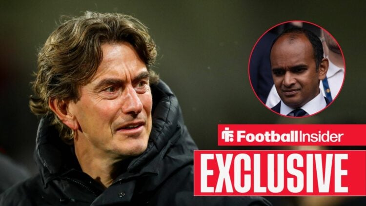 Thomas Frank looking focused on the left with a serious Vinai Venkatesham on the right above an EXCLUSIVE banner
