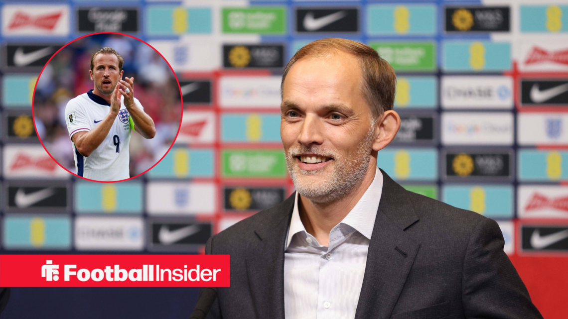 Thomas Tuchel in a black suit and Harry Kane in a white England kit in a red circle