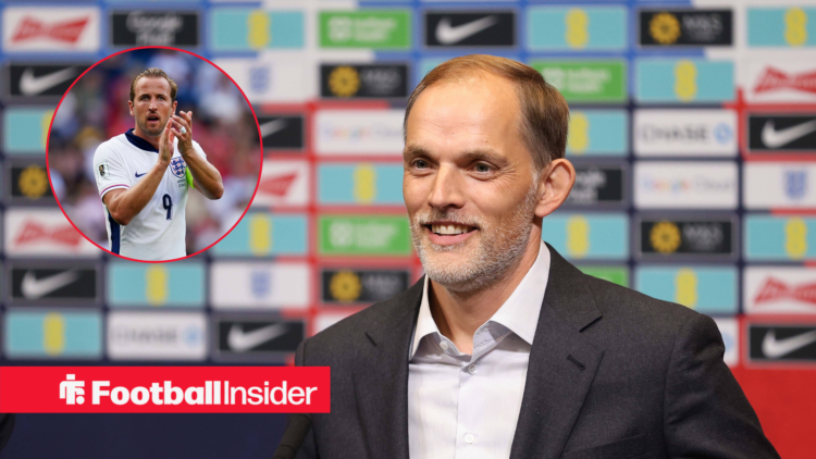 Thomas Tuchel in a black suit and Harry Kane in a white England kit in a red circle