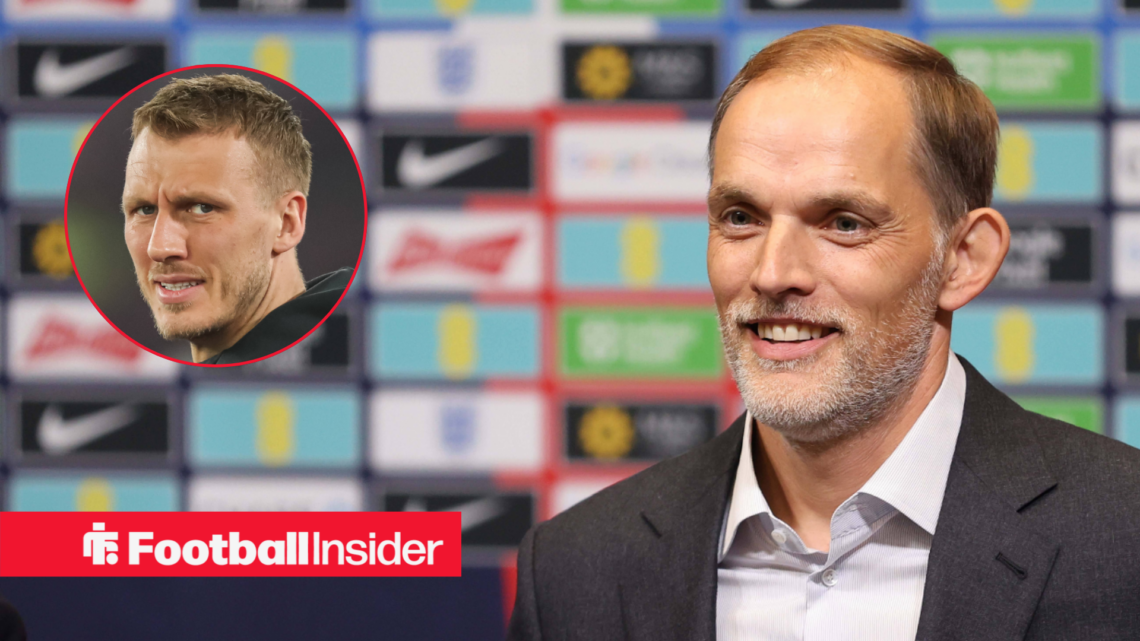 England manager Thomas Tuchel in a press conference alongside a circular inset of defender Dan Burn