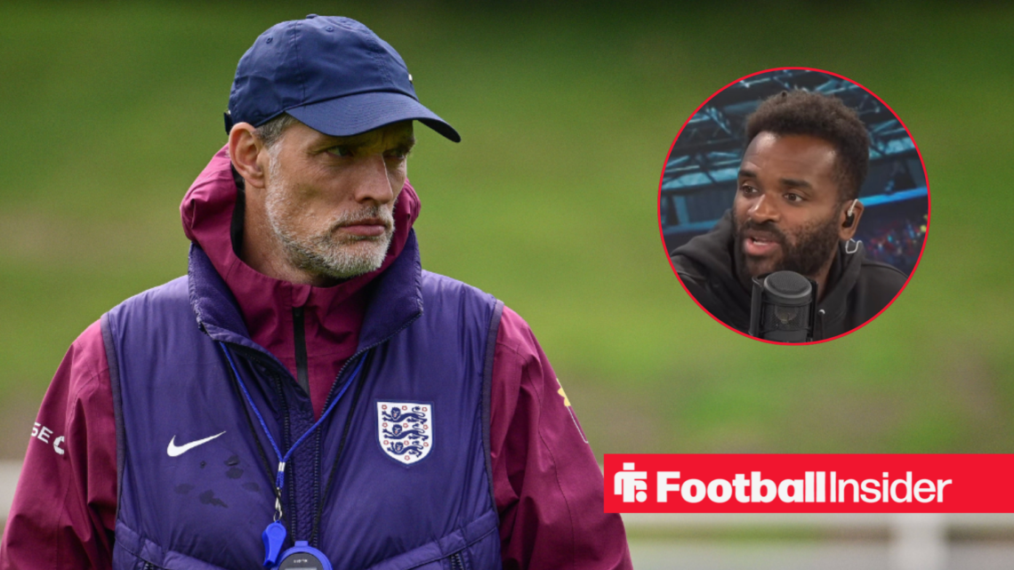 England manager Thomas Tuchel in training looking at pundit Darren Bent on talksport
