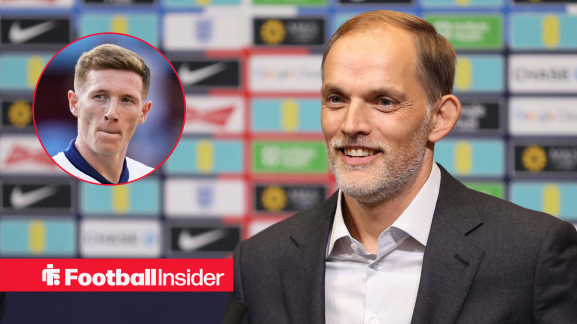England manager Thomas Tuchel in a press conference, alongside a circular inset of Elliot Anderson