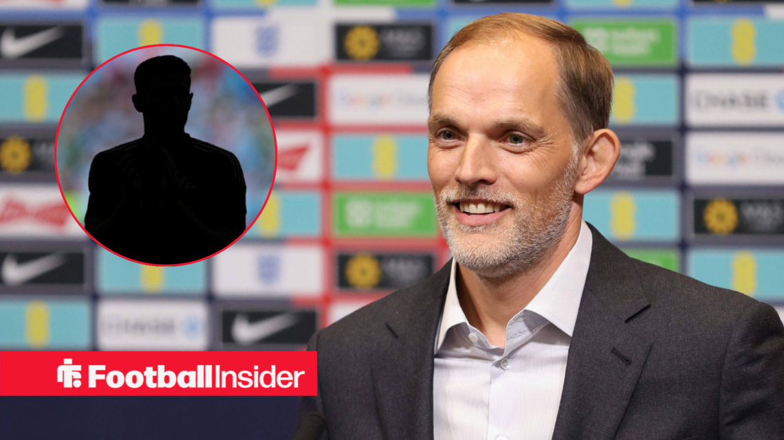 Thomas Tuchel in an England press conference, silhouette of Elliot Anderson in a circular inset