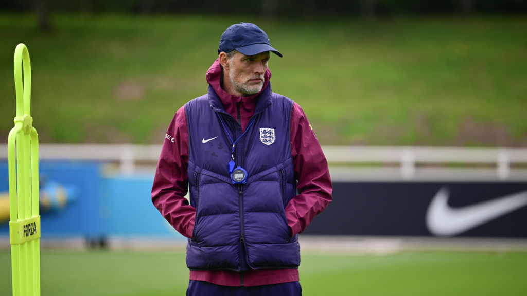 Thomas Tuchel with his hands in his pockets at England training