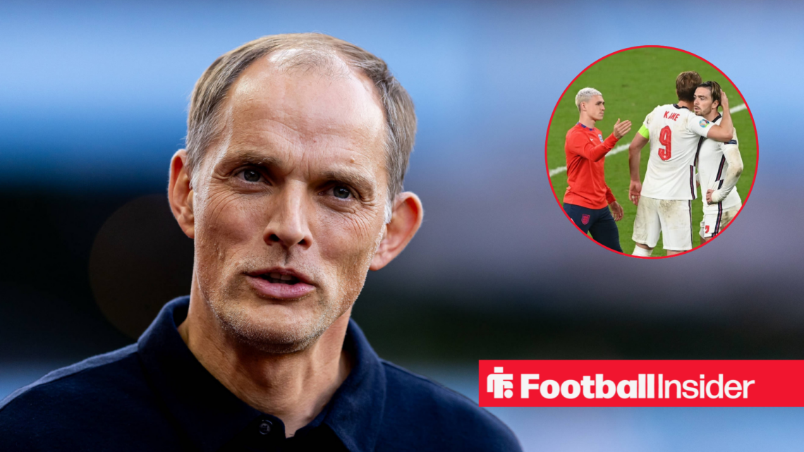 England boss Thomas Tuchel on the sideline, with Phil Foden, Harry Kane and Jack Grealish in a circular inset