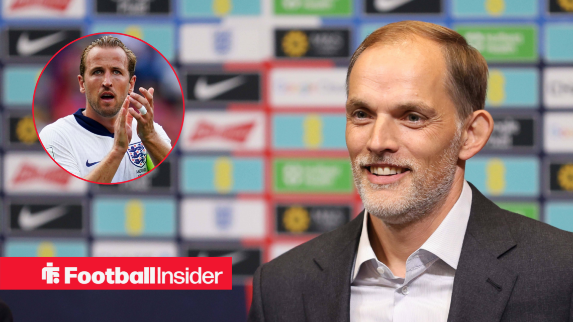 England manager Thomas Tuchel at a press conference alongside a circular inset of Harry Kane.