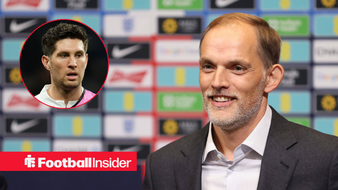 England manager Thomas Tuchel at a press conference alongside a circular inset of Manchester City defender John Stones