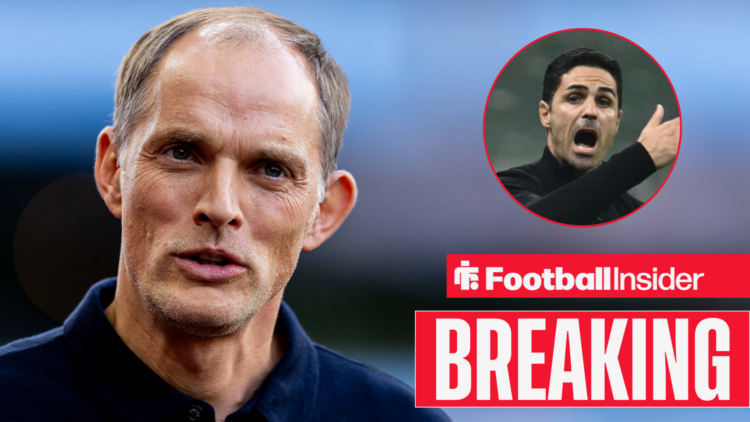 England manager Thomas Tuchel smiles towards the camera with Arsenal manager Mikel Arteta shouting on the touchline right inset