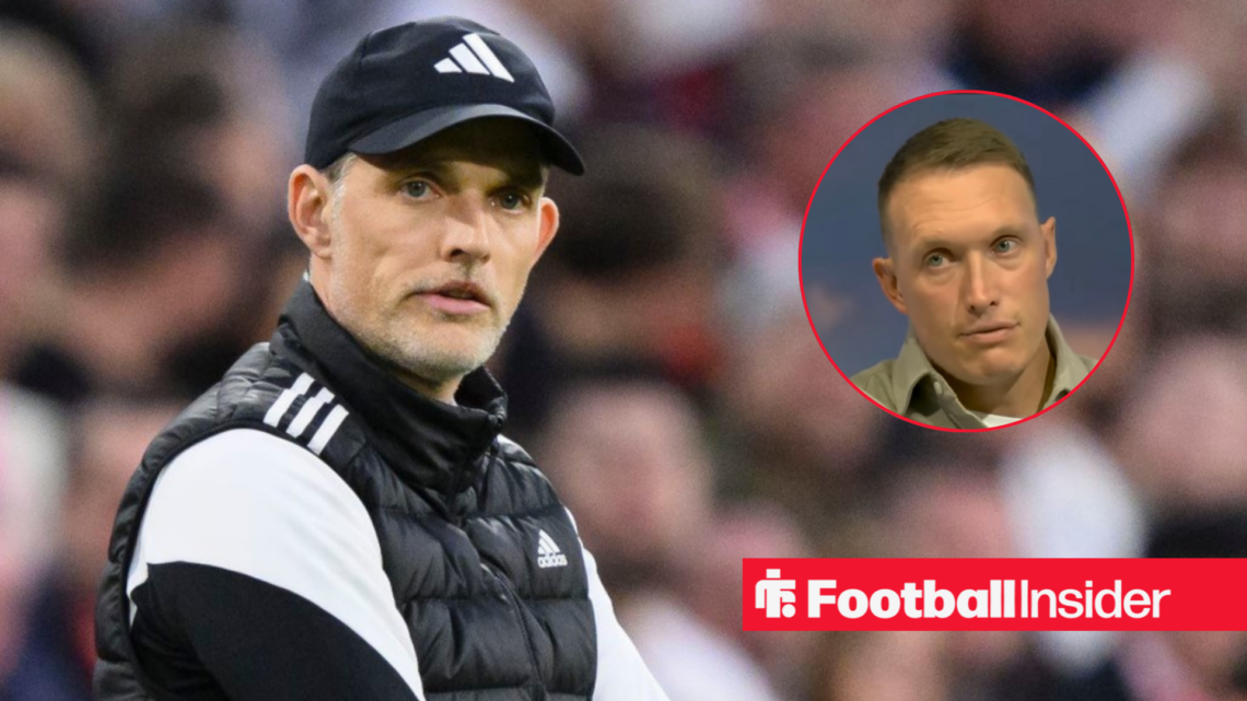 England manager Thomas Tuchel looks on from sidelines with pundit Phil Jones looking at him in a studio right inset