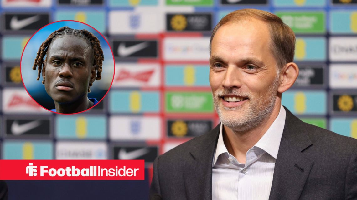 England manager Thomas Tuchel at a press conference, alongside a circular inset of Chelsea defender Trevoh Chalobah