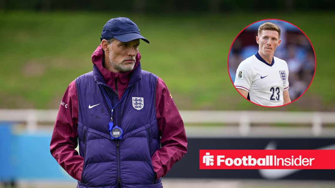 Thomas Tuchel in a blue England jacket and Elliot Anderson in a white England kit in a red circle
