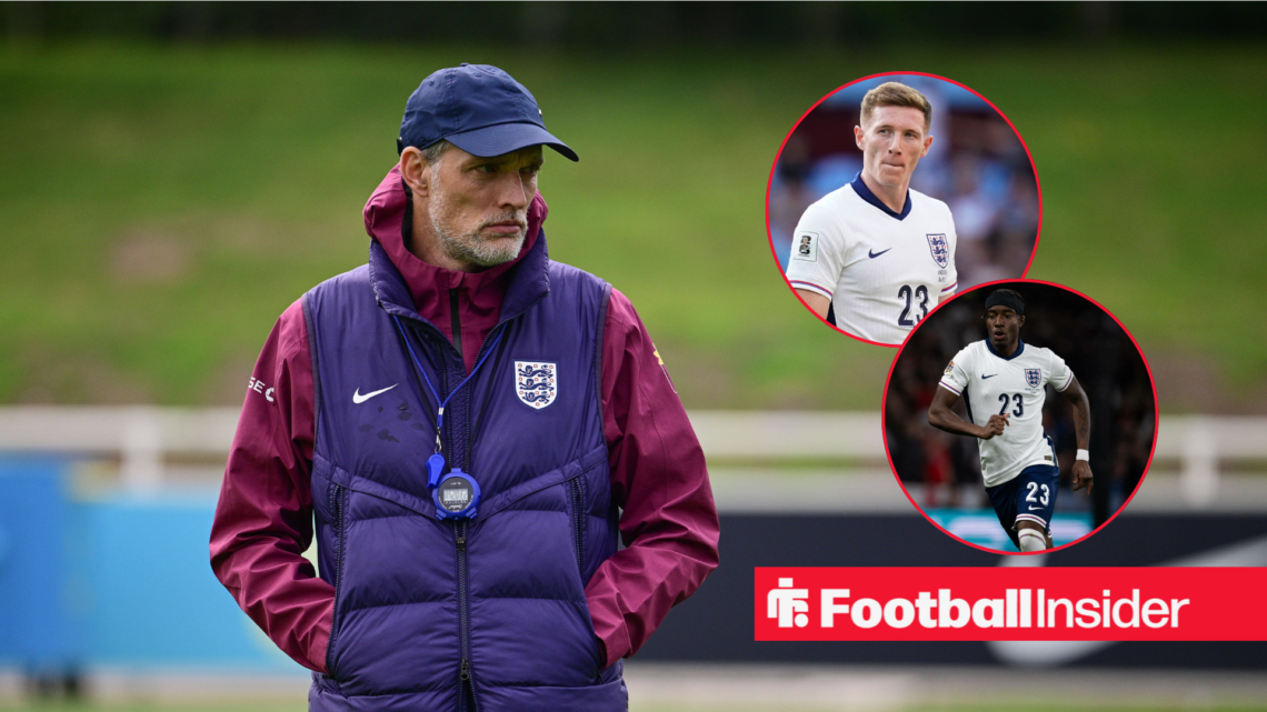 Thomas Tuchel in a blue England jacket and Elliot Anderson in a white England kit and Noni Madueke in a white England kit