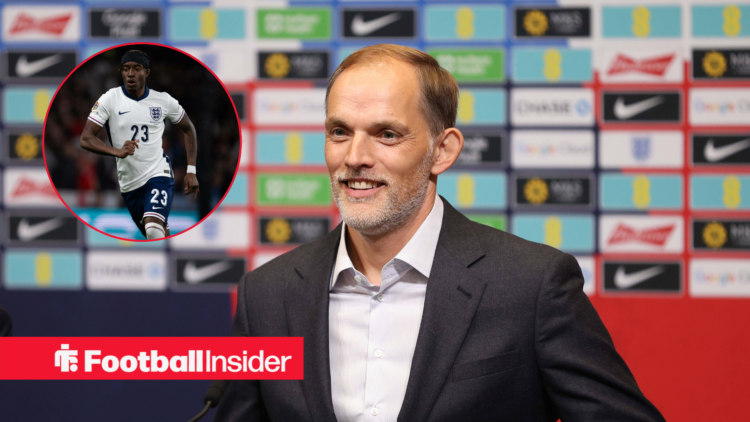 Thomas Tuchel in a black suit and Noni Madueke in a White England kit in a red circle