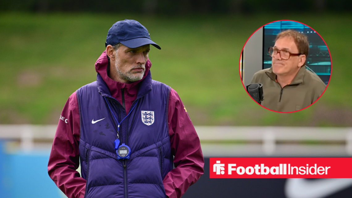 Thomas Tuchel in a blue England coat and Tony Cascarino in an olive jumper in a red circle
